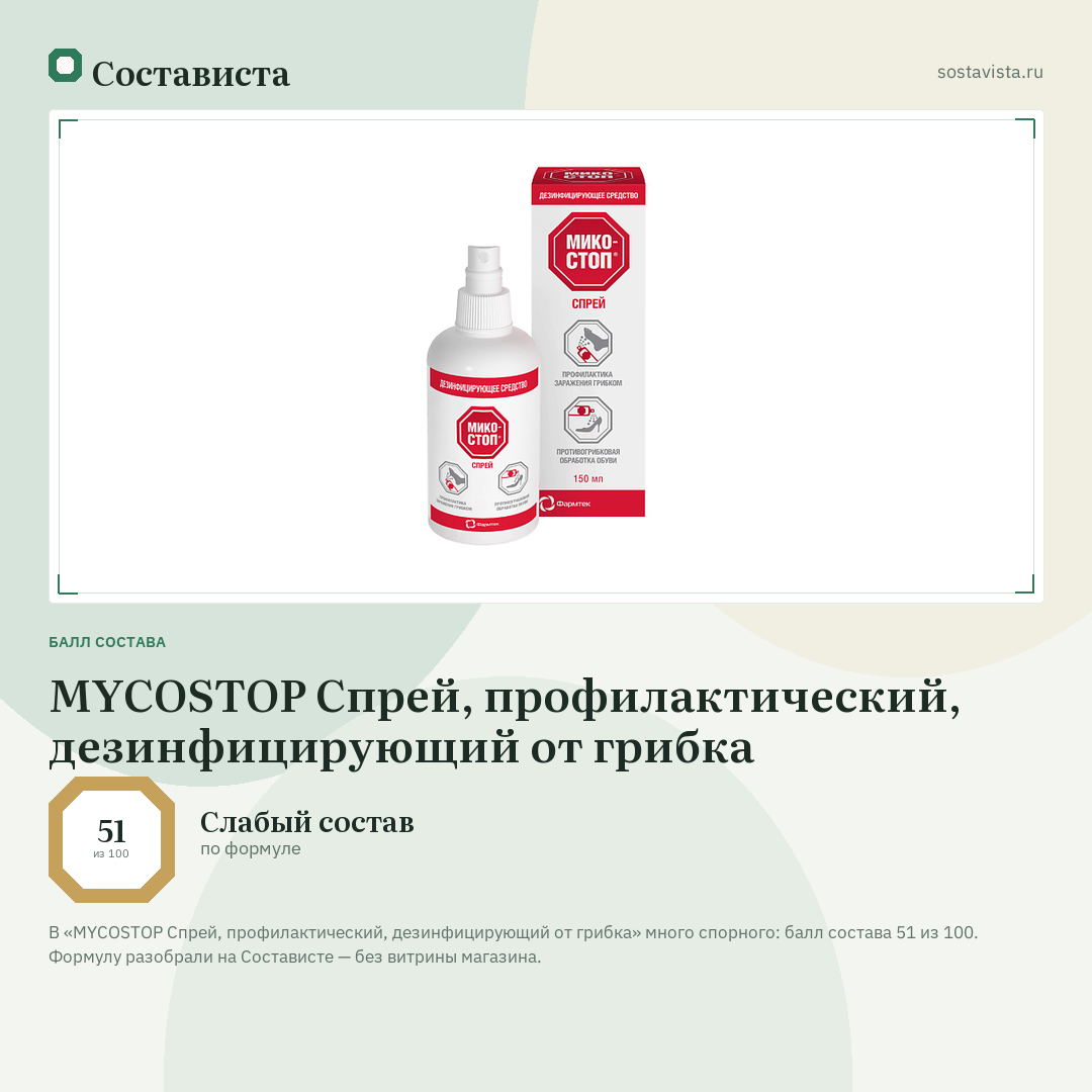 MYCOSTOP Спрей, профилактический, дезинфицирующий от грибка: балл состава 51 из 100 — Состависта