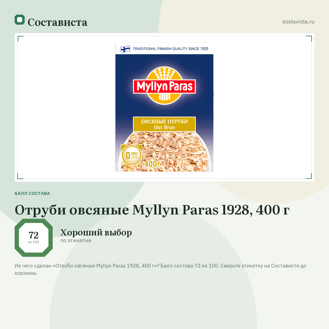 Отруби овсяные Myllyn Paras 1928, 400 г: балл состава 72 из 100 — Состависта