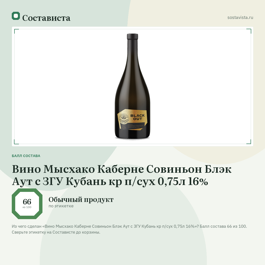 Вино Мысхако Каберне Совиньон Блэк Аут с ЗГУ Кубань кр п/сух 0,75л 16%: балл состава 66 из 100 — Состависта
