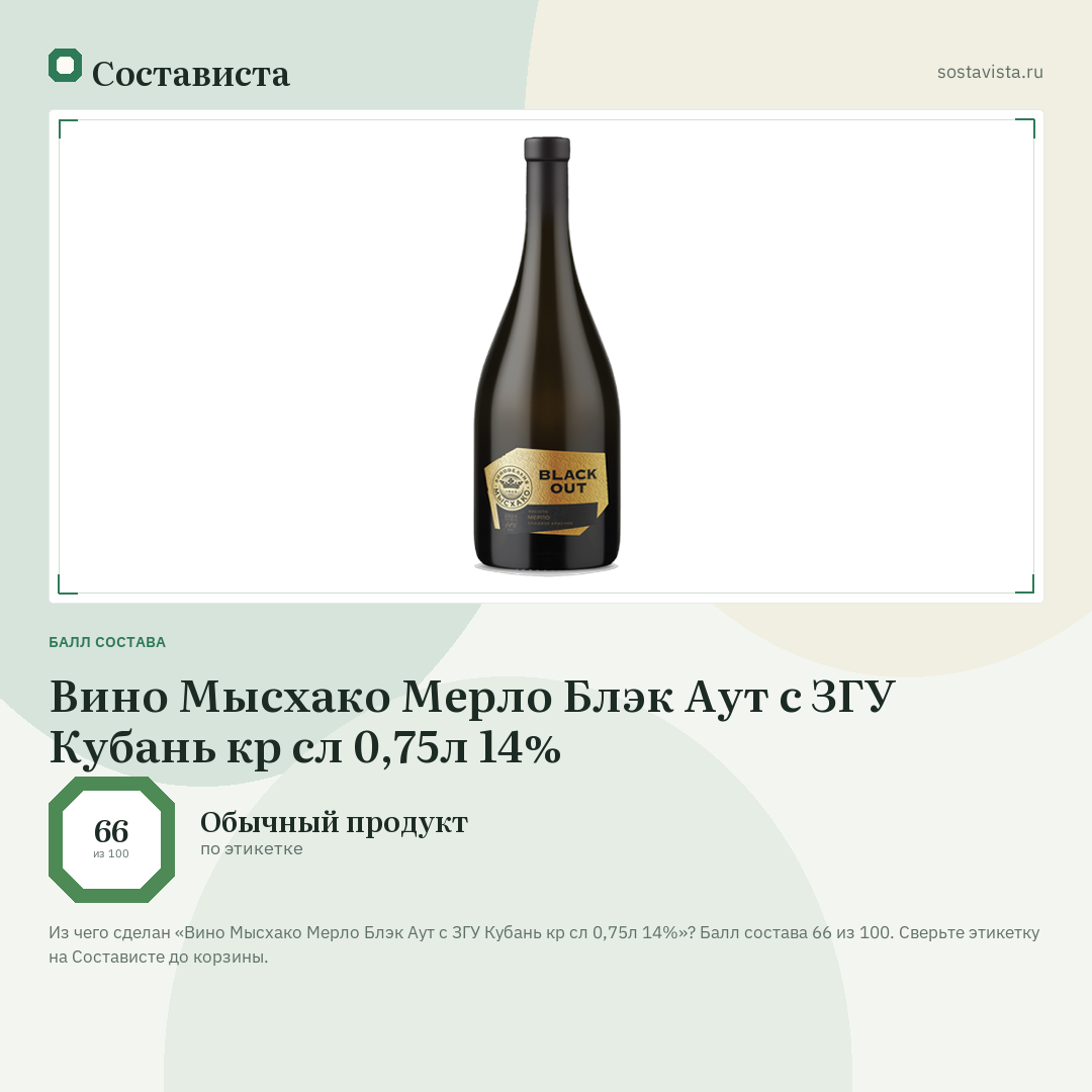 Вино Мысхако Мерло Блэк Аут с ЗГУ Кубань кр сл 0,75л 14%: балл состава 66 из 100 — Состависта