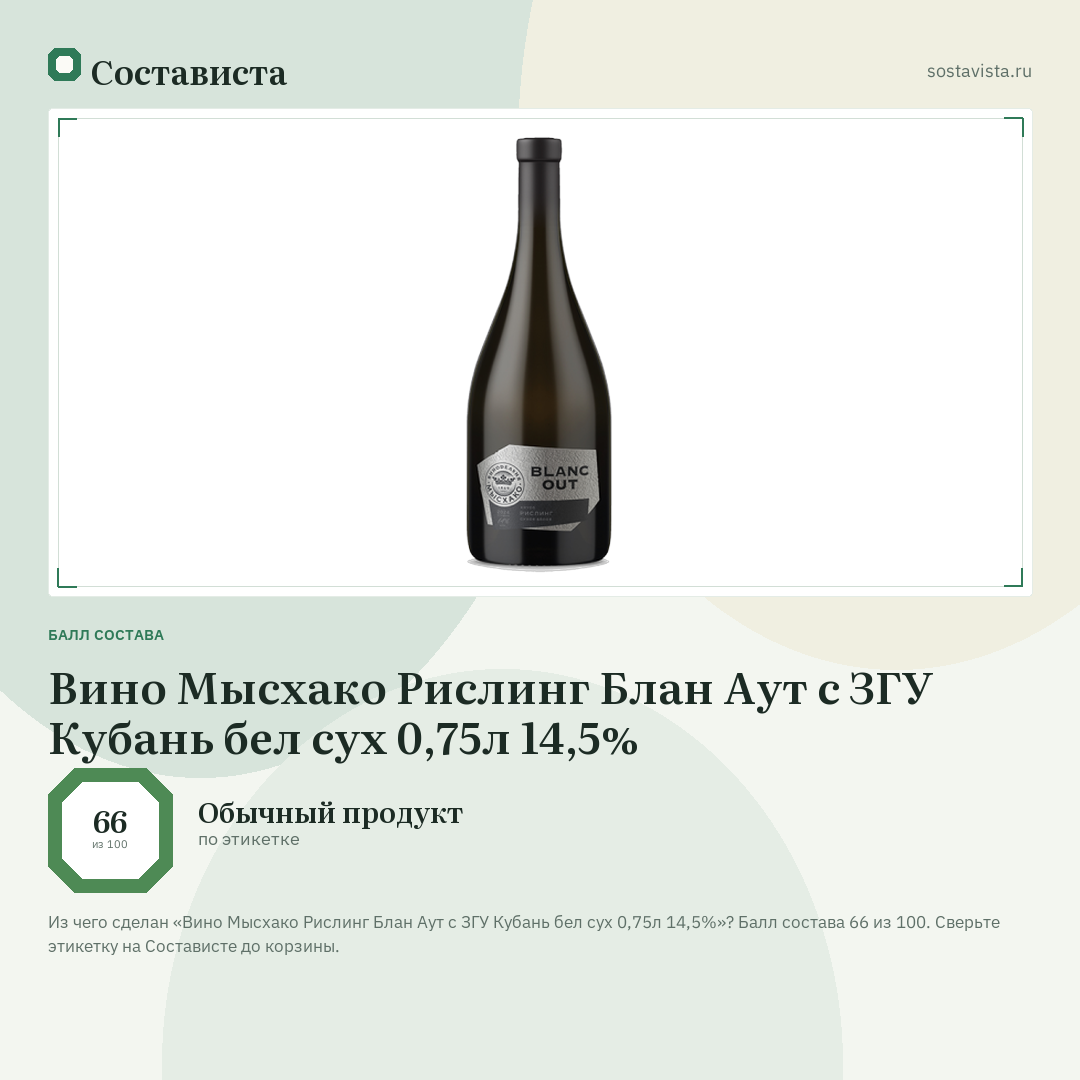 Вино Мысхако Рислинг Блан Аут с ЗГУ Кубань бел сух 0,75л 14,5%: балл состава 66 из 100 — Состависта