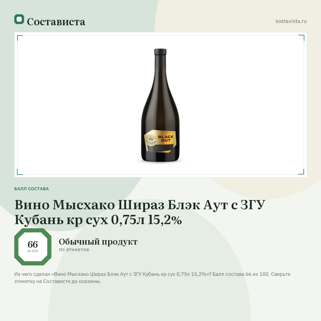 Вино Мысхако Шираз Блэк Аут с ЗГУ Кубань кр сух 0,75л 15,2%: балл состава 66 из 100 — Состависта