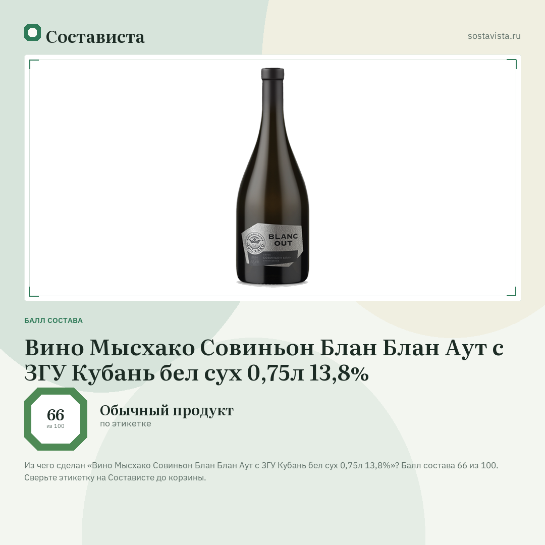 Вино Мысхако Совиньон Блан Блан Аут с ЗГУ Кубань бел сух 0,75л 13,8%: балл состава 66 из 100 — Состависта