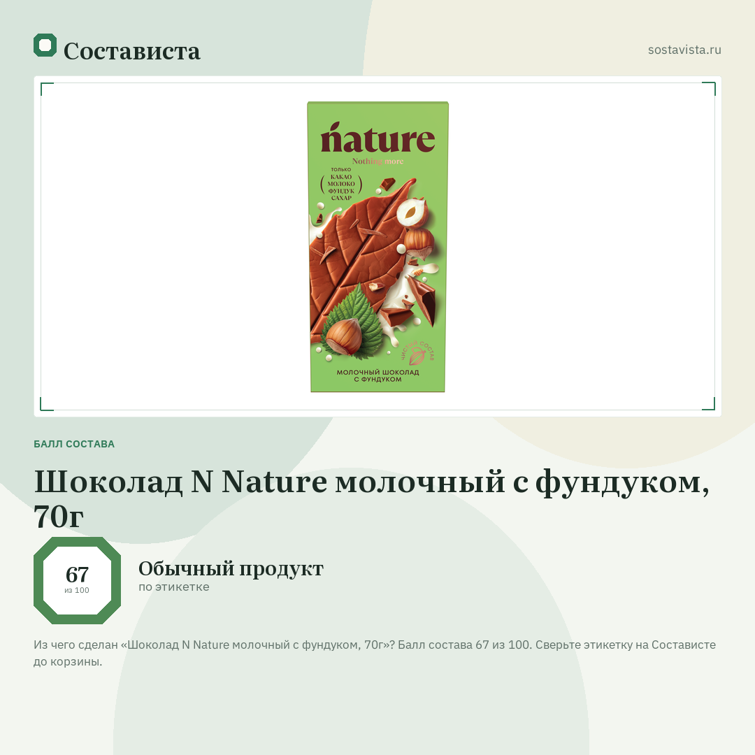 Шоколад N Nature молочный с фундуком, 70г: балл состава 67 из 100 — Состависта