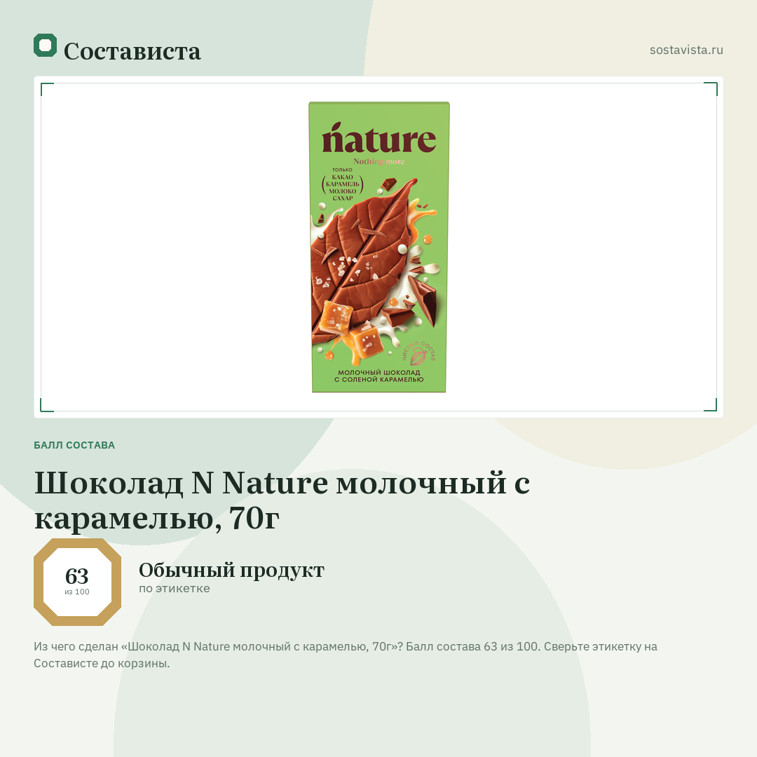 Шоколад N Nature молочный с карамелью, 70г: балл состава 63 из 100 — Состависта