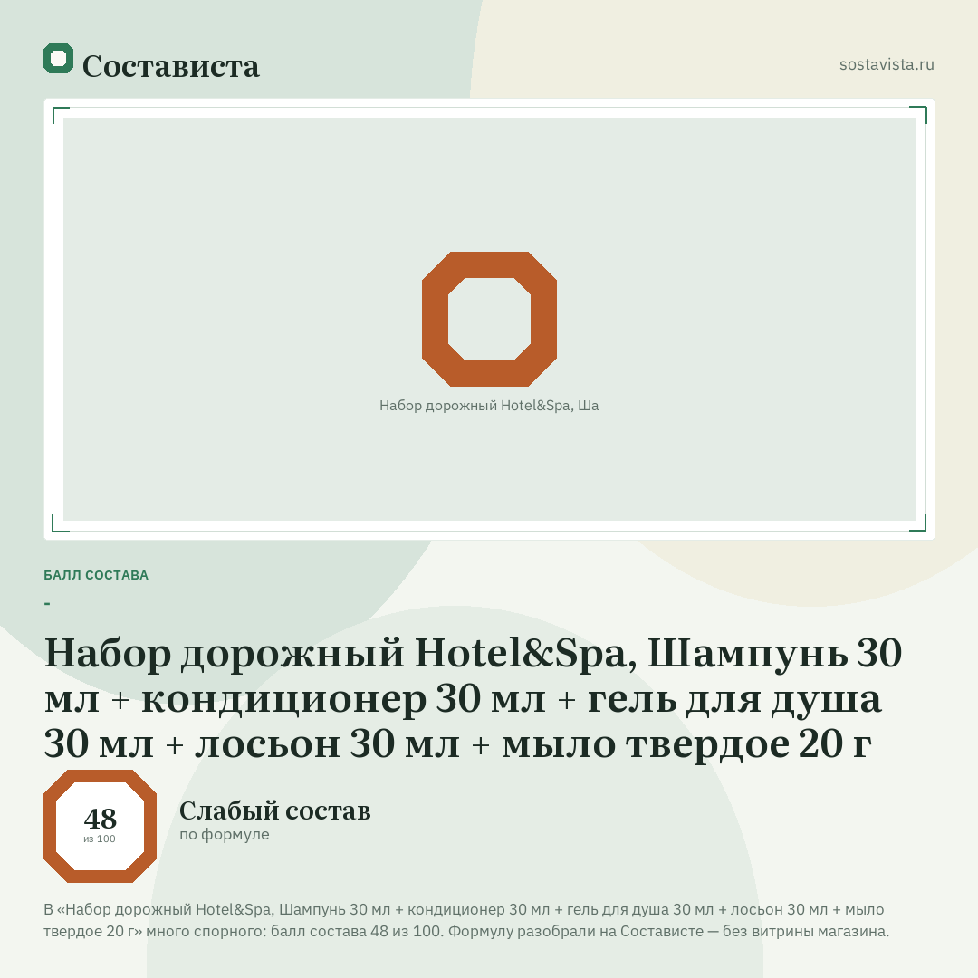 Набор дорожный Hotel&Spa, Шампунь 30 мл + кондиционер 30 мл + гель для душа 30 мл + лосьон 30 мл + мыло твердое 20 г: балл состава 48 из 100 — Состависта