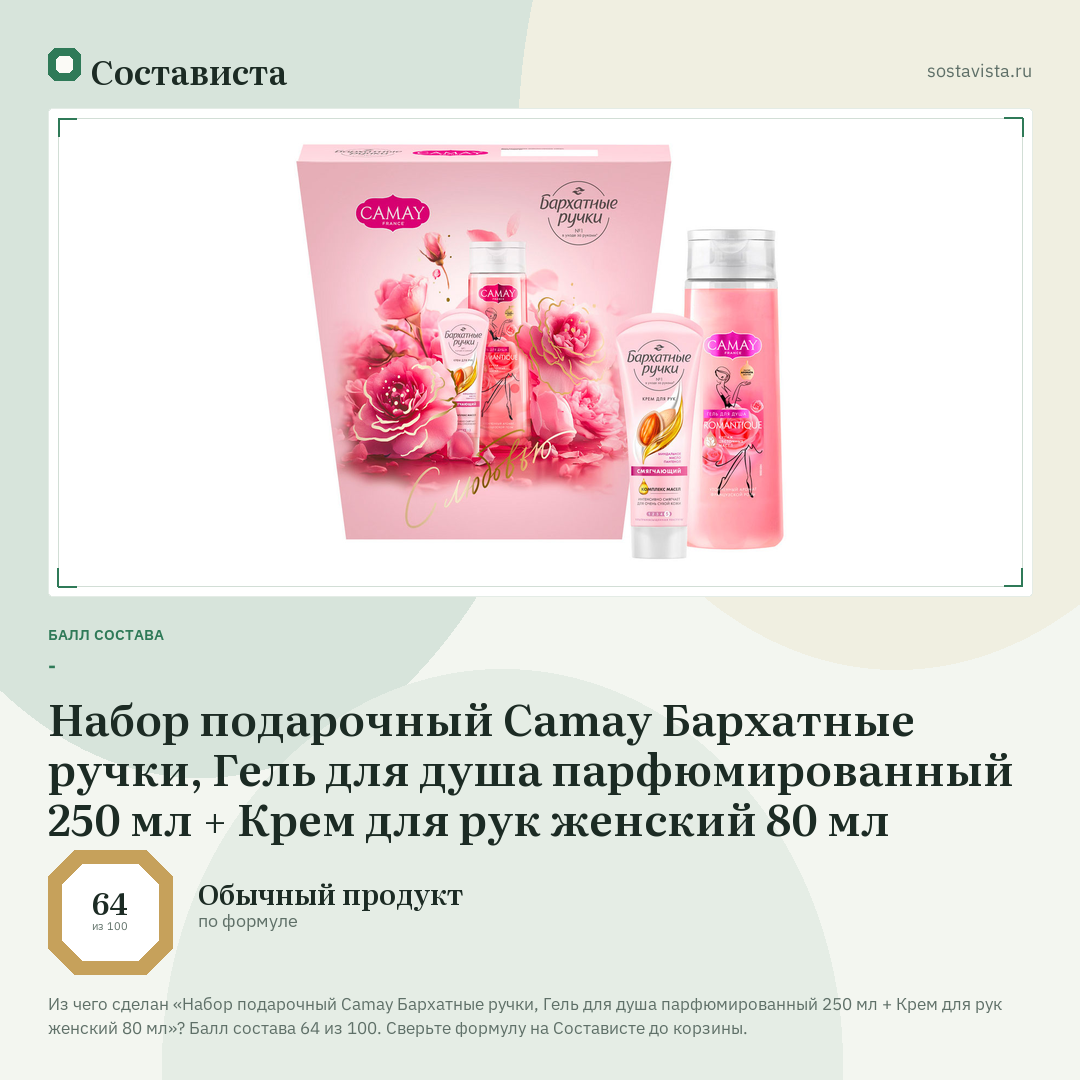 Набор подарочный Camay Бархатные ручки, Гель для душа парфюмированный 250 мл + Крем для рук женский 80 мл: балл состава 64 из 100 — Состависта