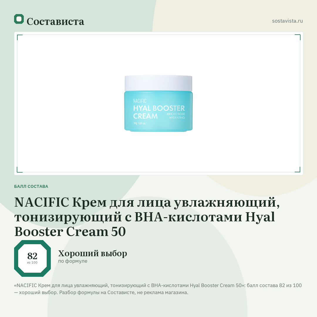 NACIFIC Крем для лица увлажняющий, тонизирующий с ВНА-кислотами Hyal Booster Cream 50: балл состава 82 из 100 — Состависта