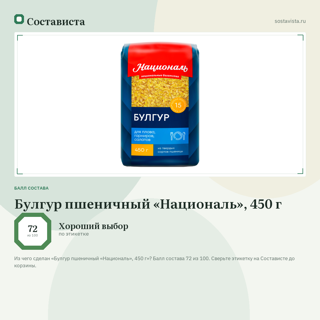 Булгур пшеничный «Националь», 450 г: балл состава 72 из 100 — Состависта