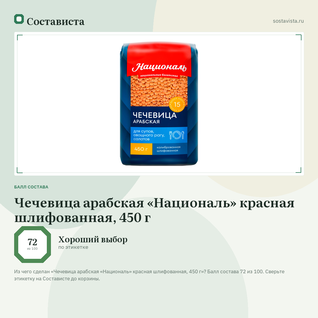 Чечевица арабская «Националь» красная шлифованная, 450 г: балл состава 72 из 100 — Состависта
