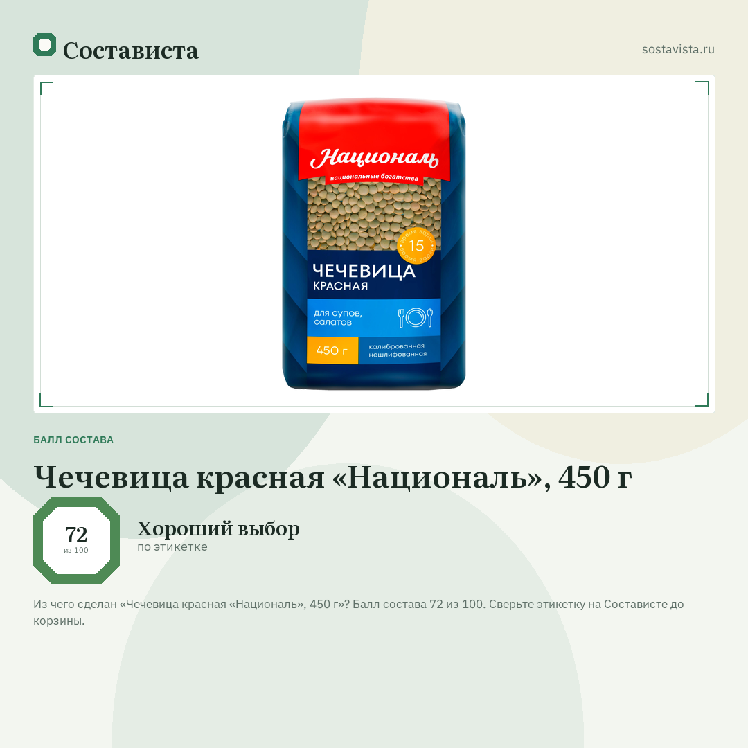 Чечевица красная «Националь», 450 г: балл состава 72 из 100 — Состависта