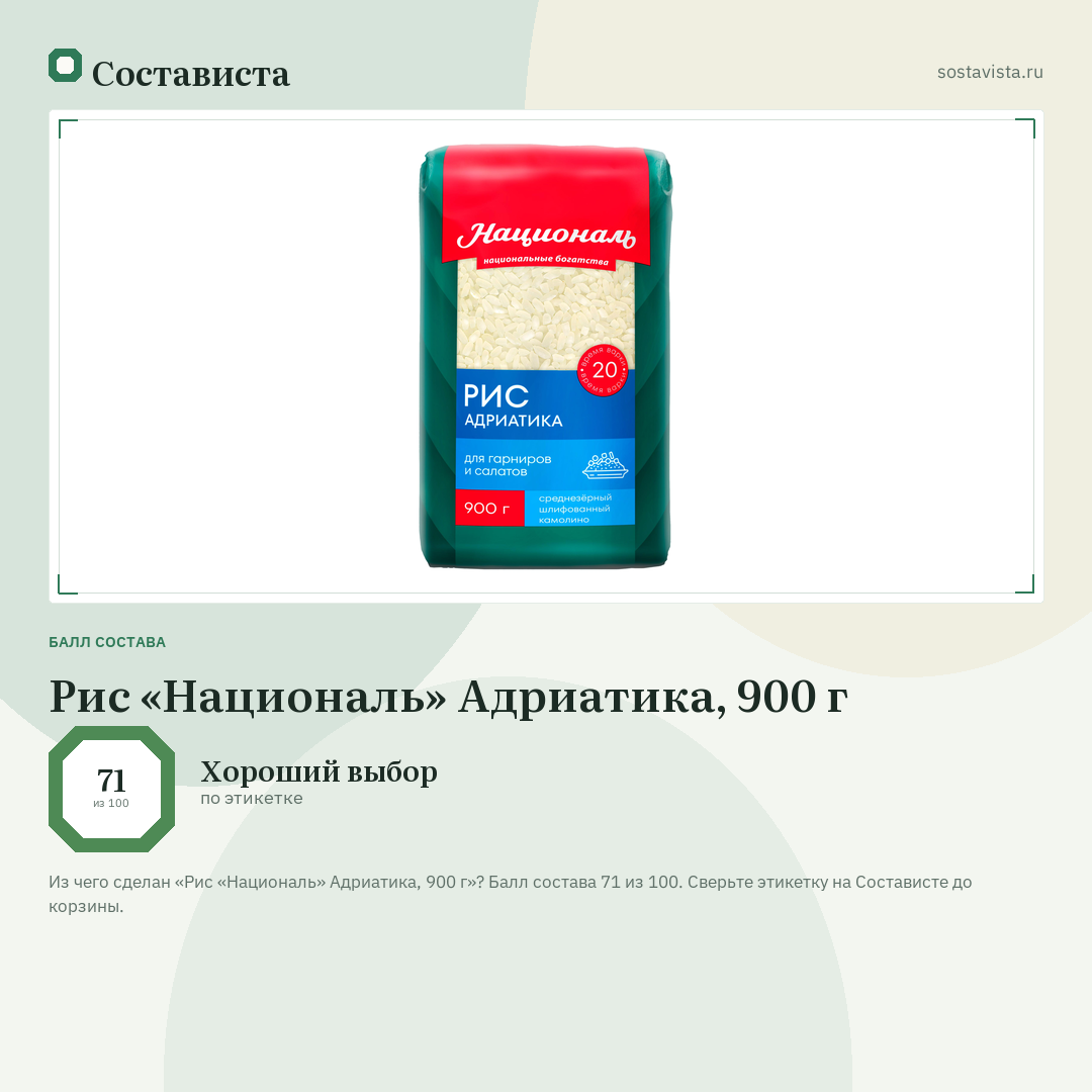 Рис «Националь» Адриатика, 900 г: балл состава 71 из 100 — Состависта