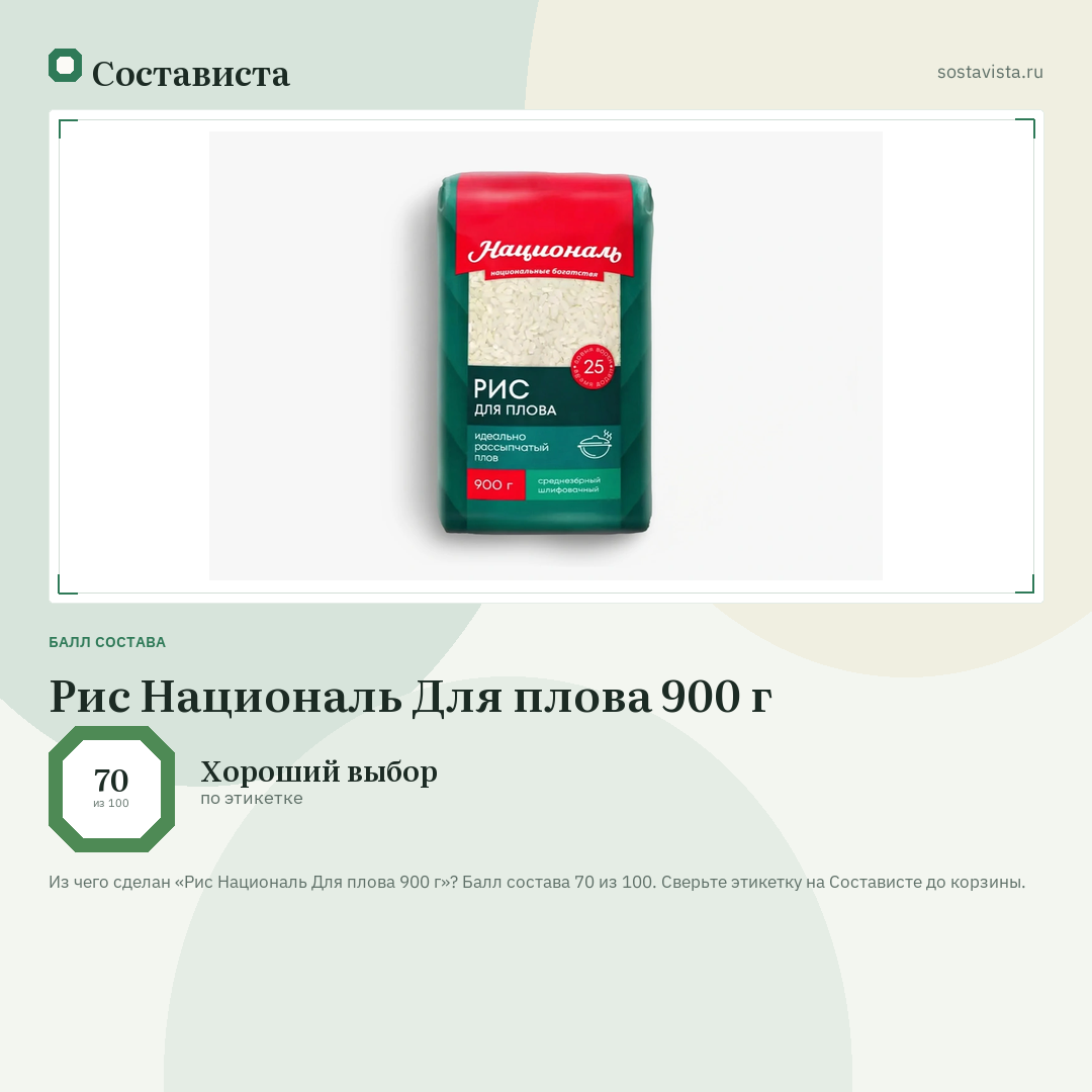 Рис Националь Для плова 900 г: балл состава 70 из 100 — Состависта