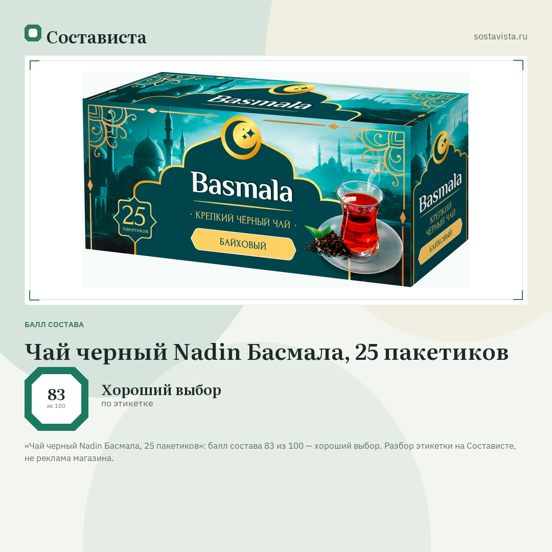 Чай черный Nadin Басмала, 25 пакетиков: балл состава 83 из 100 — Состависта