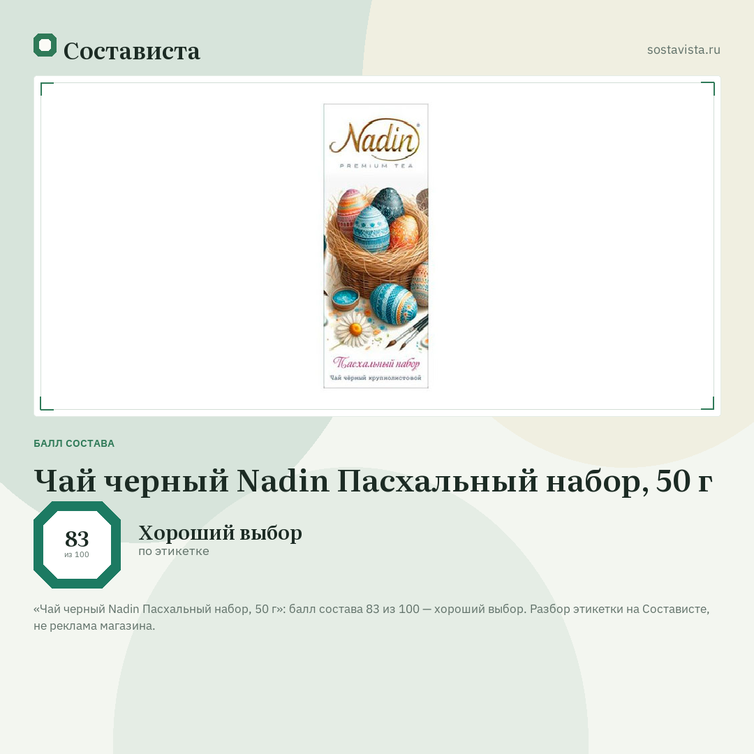 Чай черный Nadin Пасхальный набор, 50 г: балл состава 83 из 100 — Состависта