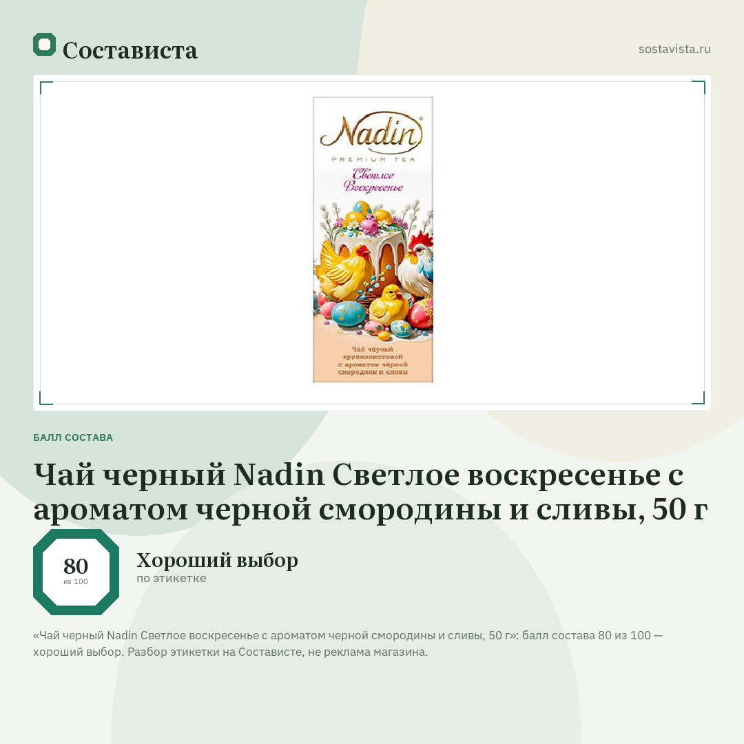 Чай черный Nadin Светлое воскресенье с ароматом черной смородины и сливы, 50 г: балл состава 80 из 100 — Состависта