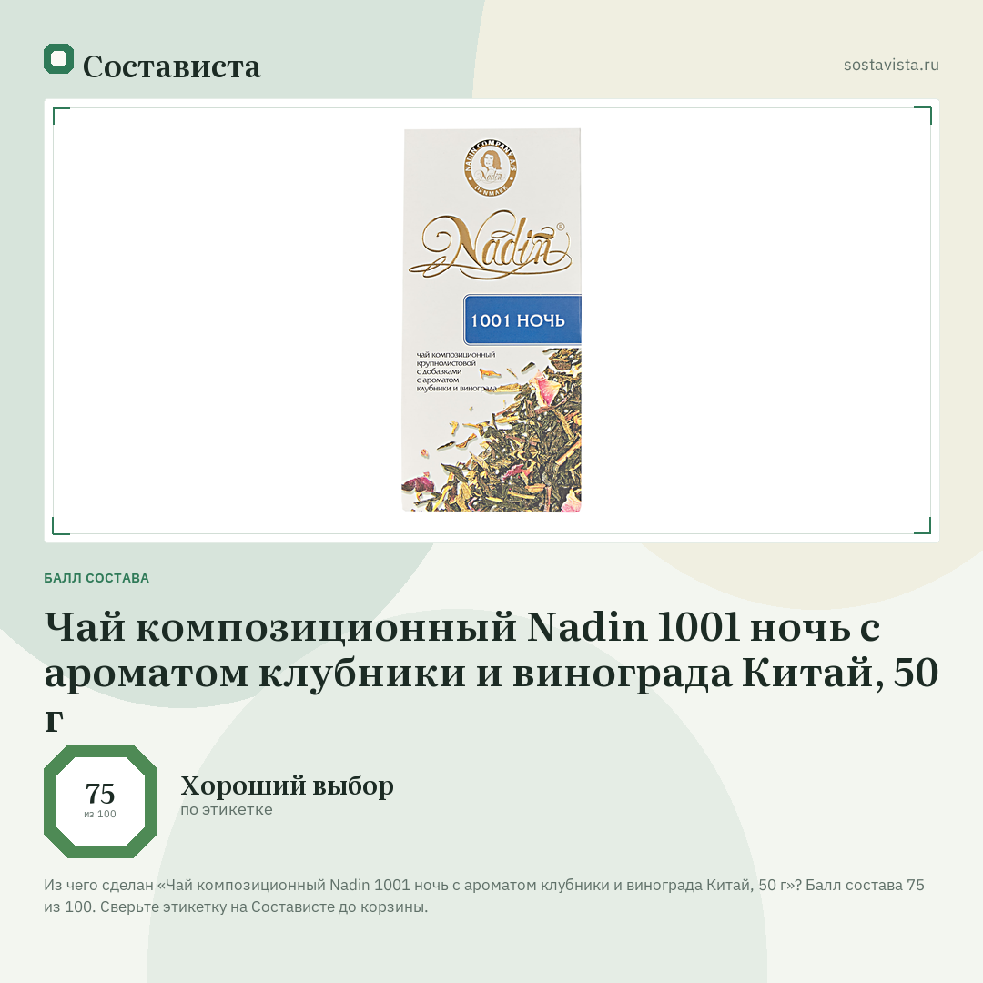 Чай композиционный Nadin 1001 ночь с ароматом клубники и винограда Китай, 50 г: балл состава 75 из 100 — Состависта