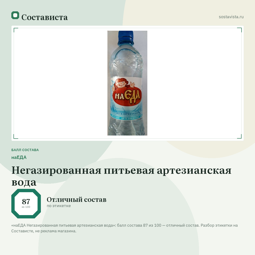 наЕДА Негазированная питьевая артезианская вода: балл состава 87 из 100 — Состависта