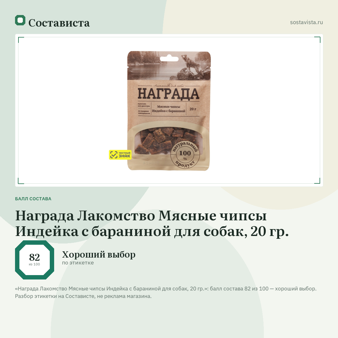Награда Лакомство Мясные чипсы Индейка с бараниной для собак, 20 гр.: балл состава 82 из 100 — Состависта