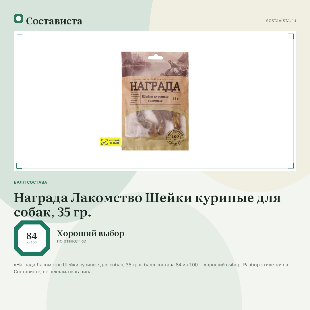 Награда Лакомство Шейки куриные для собак, 35 гр.: балл состава 84 из 100 — Состависта