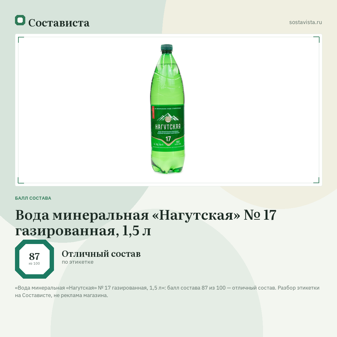 Вода минеральная «Нагутская» № 17 газированная, 1,5 л: балл состава 87 из 100 — Состависта