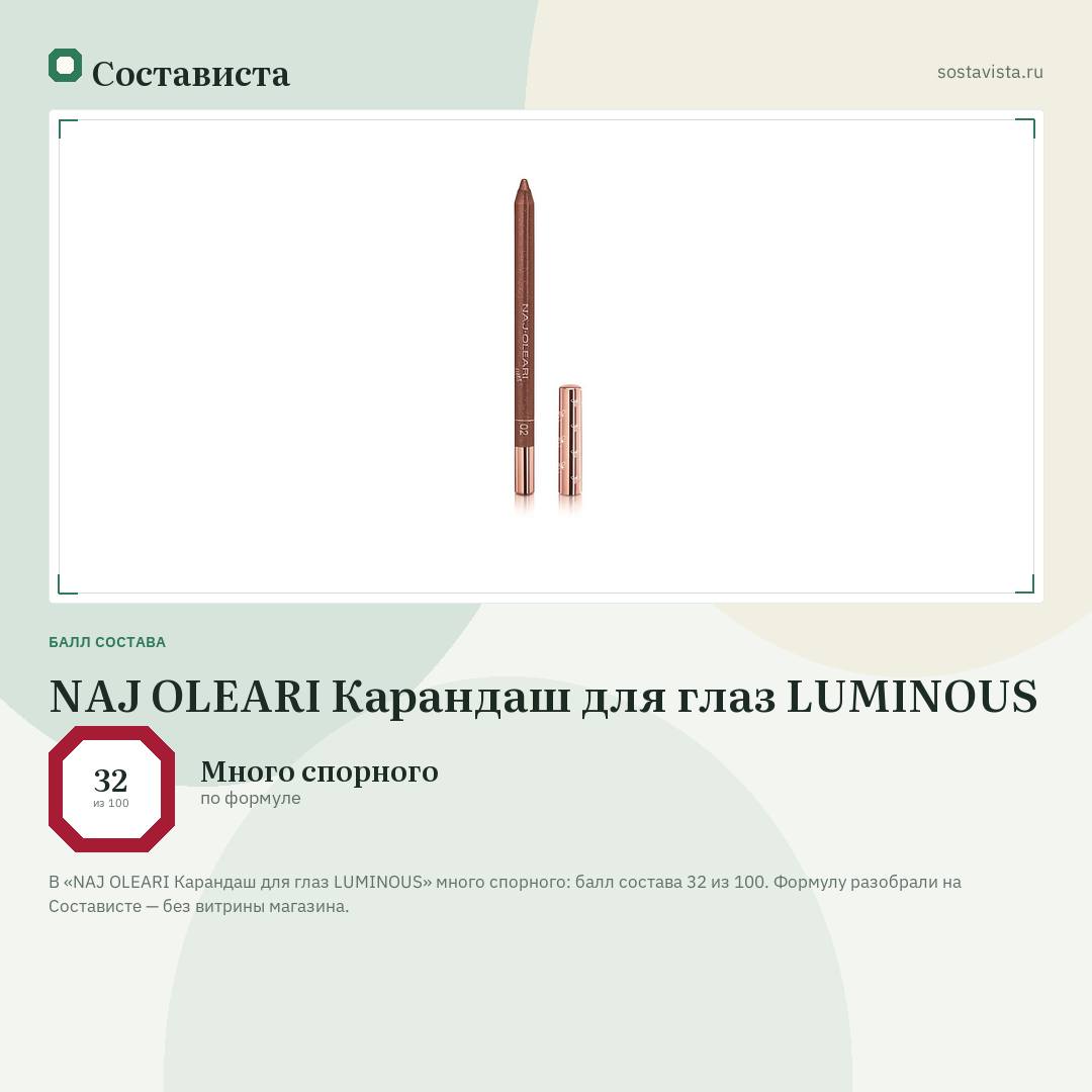 NAJ OLEARI Карандаш для глаз LUMINOUS: балл состава 32 из 100 — Состависта