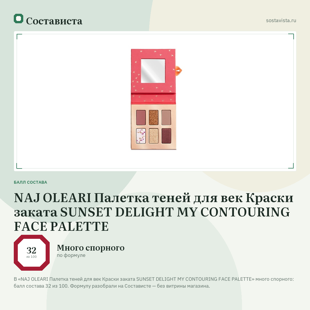 NAJ OLEARI Палетка теней для век Краски заката SUNSET DELIGHT MY CONTOURING FACE PALETTE: балл состава 32 из 100 — Состависта