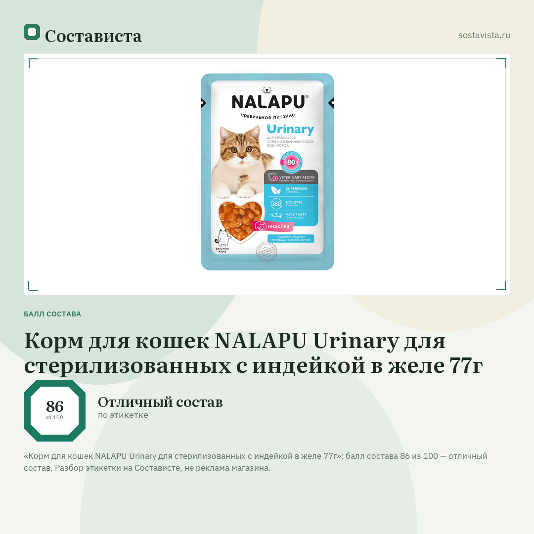 Корм для кошек NALAPU Urinary для стерилизованных с индейкой в желе 77г: балл состава 86 из 100 — Состависта