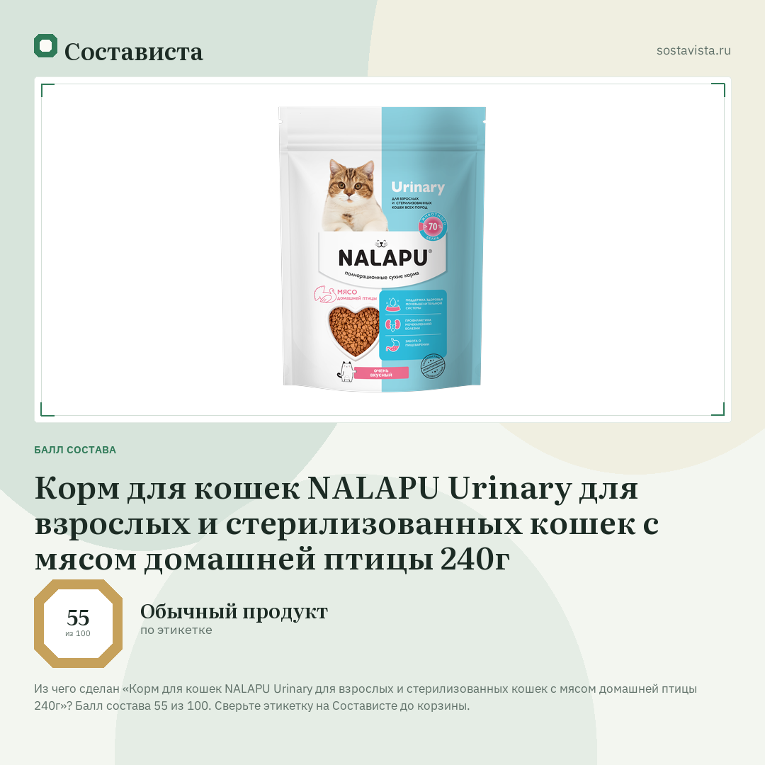 Корм для кошек NALAPU Urinary для взрослых и стерилизованных кошек с мясом домашней птицы 240г: балл состава 55 из 100 — Состависта