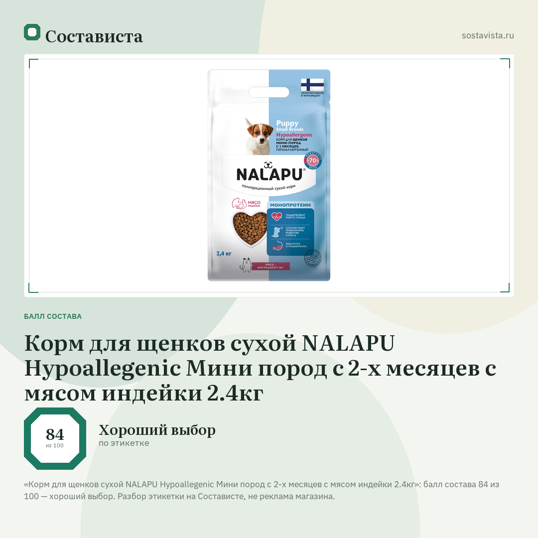 Корм для щенков сухой NALAPU Hypoallegenic Мини пород с 2-х месяцев с мясом индейки 2.4кг: балл состава 84 из 100 — Состависта