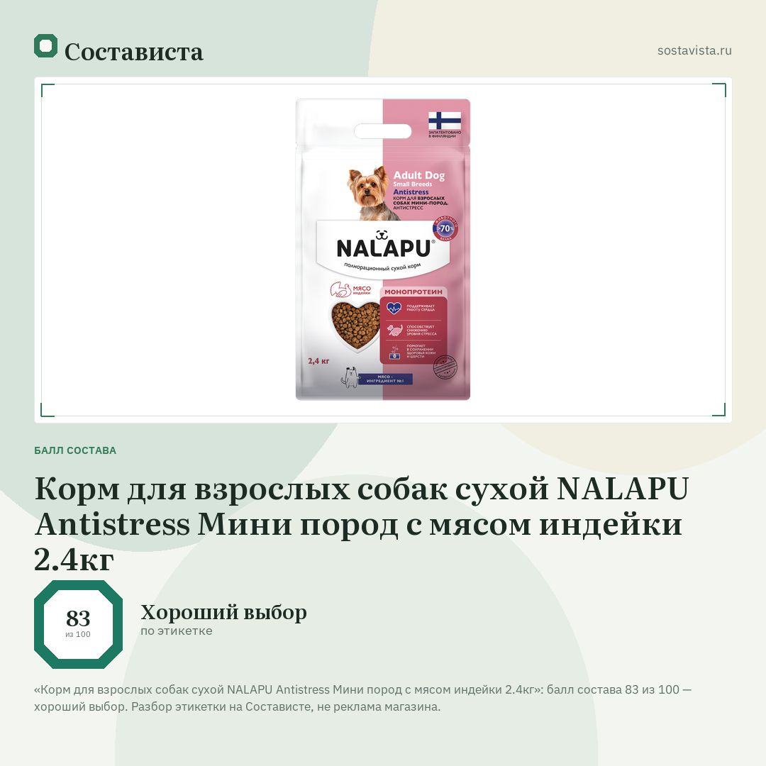 Корм для взрослых собак сухой NALAPU Antistress Мини пород с мясом индейки 2.4кг: балл состава 83 из 100 — Состависта