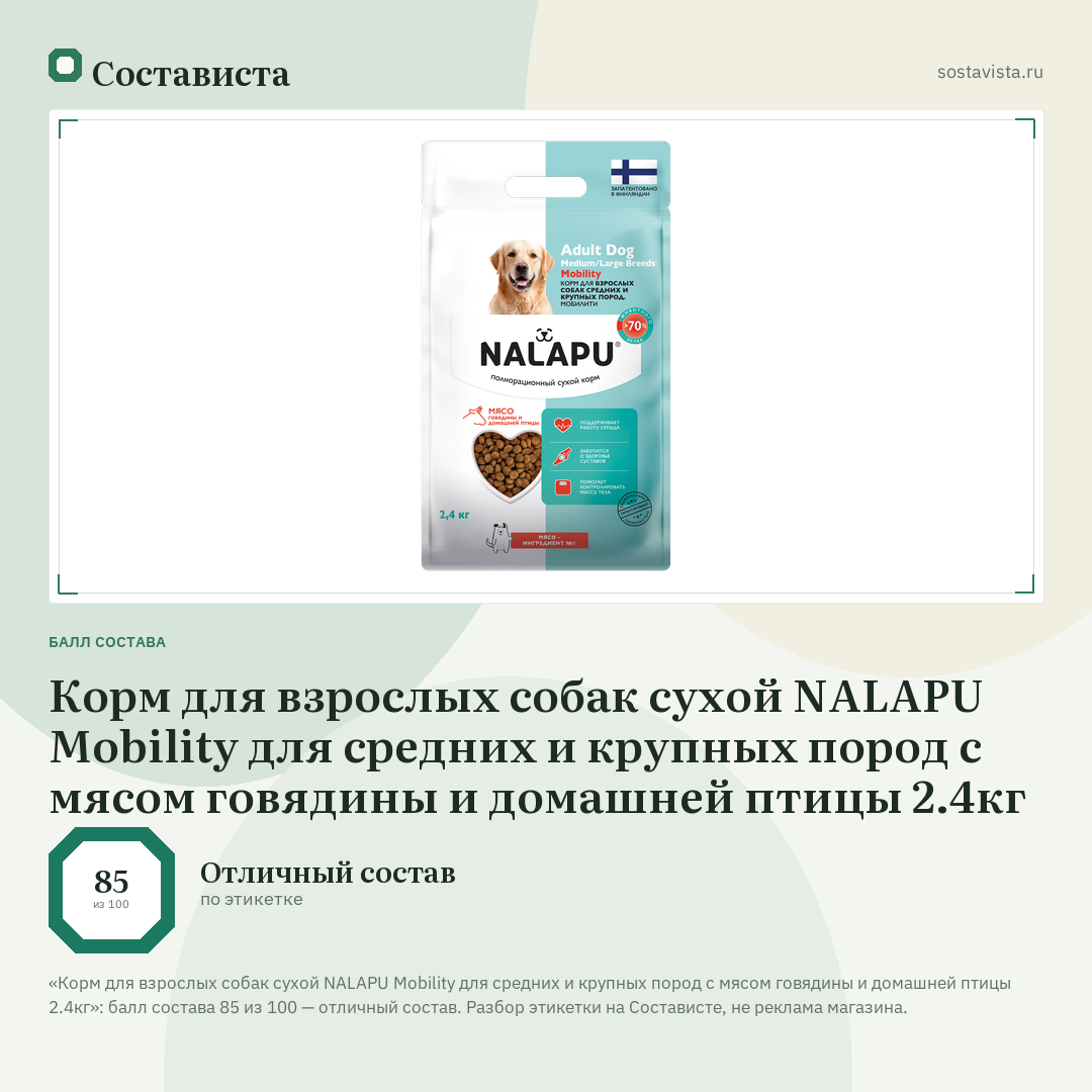 Корм для взрослых собак сухой NALAPU Mobility для средних и крупных пород с мясом говядины и домашней птицы 2.4кг: балл состава 85 из 100 — Состависта