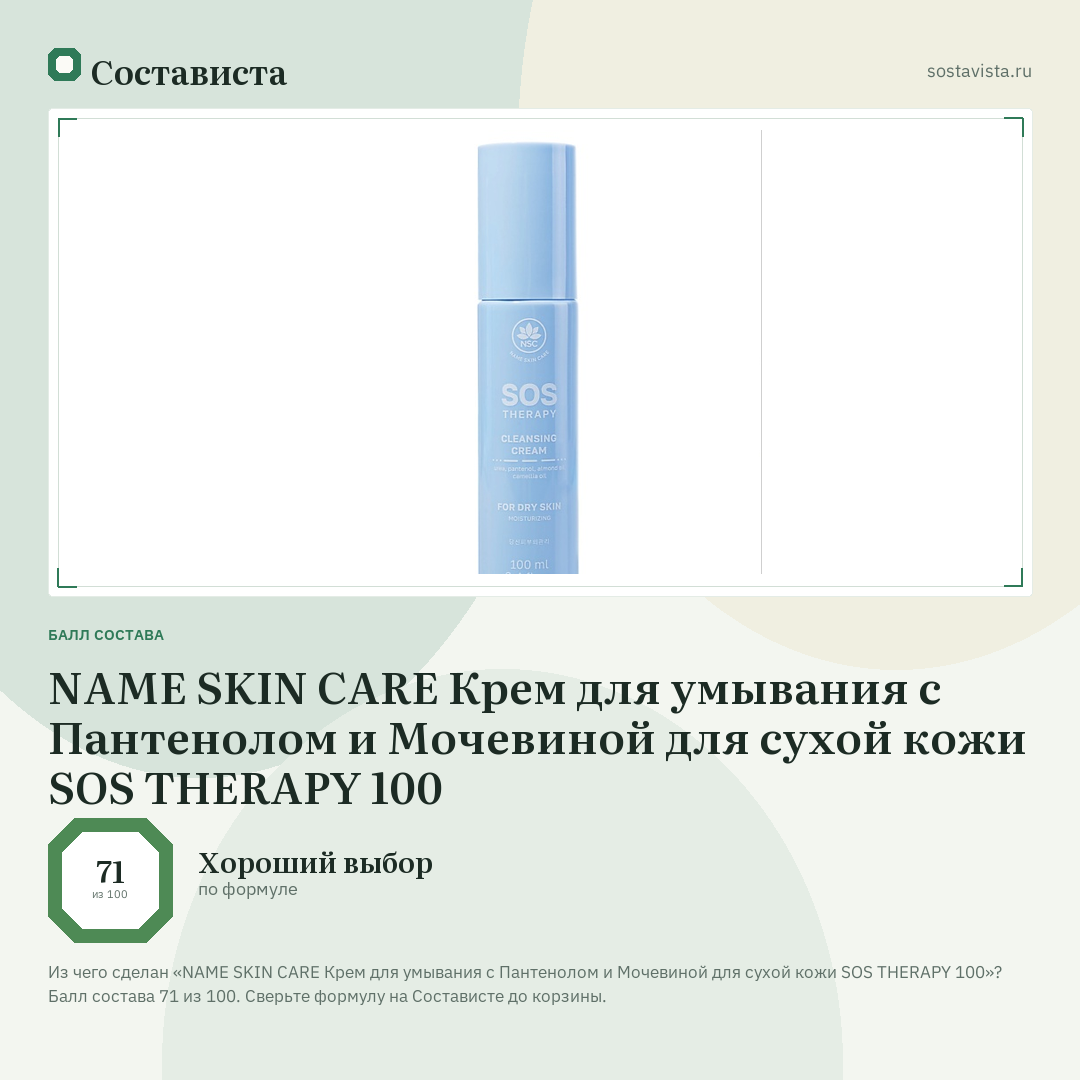 NAME SKIN CARE Крем для умывания с Пантенолом и Мочевиной для сухой кожи SOS THERAPY 100: балл состава 71 из 100 — Состависта