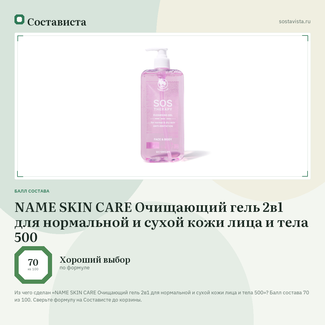 NAME SKIN CARE Очищающий гель 2в1 для нормальной и сухой кожи лица и тела 500: балл состава 70 из 100 — Состависта