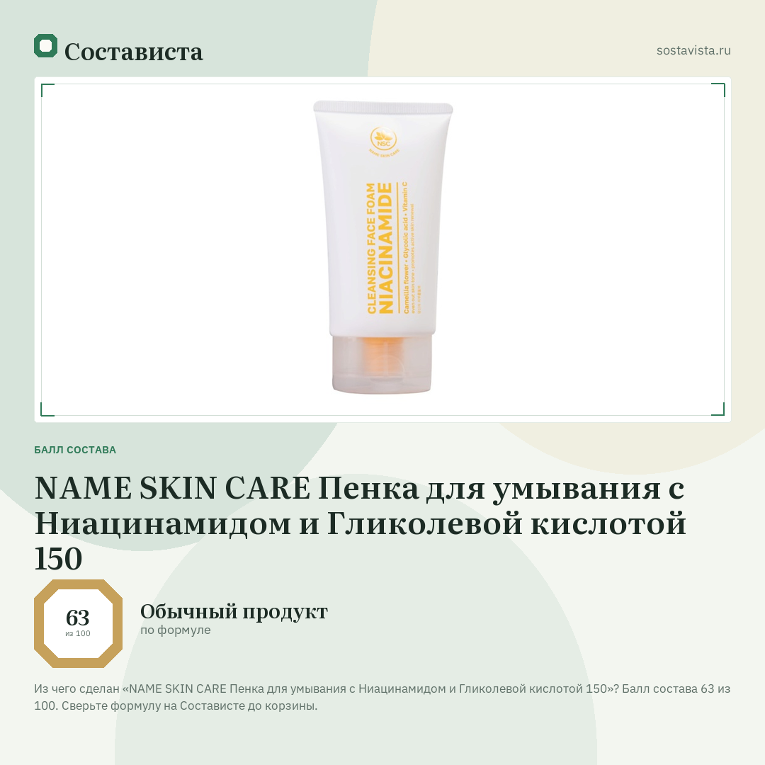 NAME SKIN CARE Пенка для умывания с Ниацинамидом и Гликолевой кислотой 150: балл состава 63 из 100 — Состависта