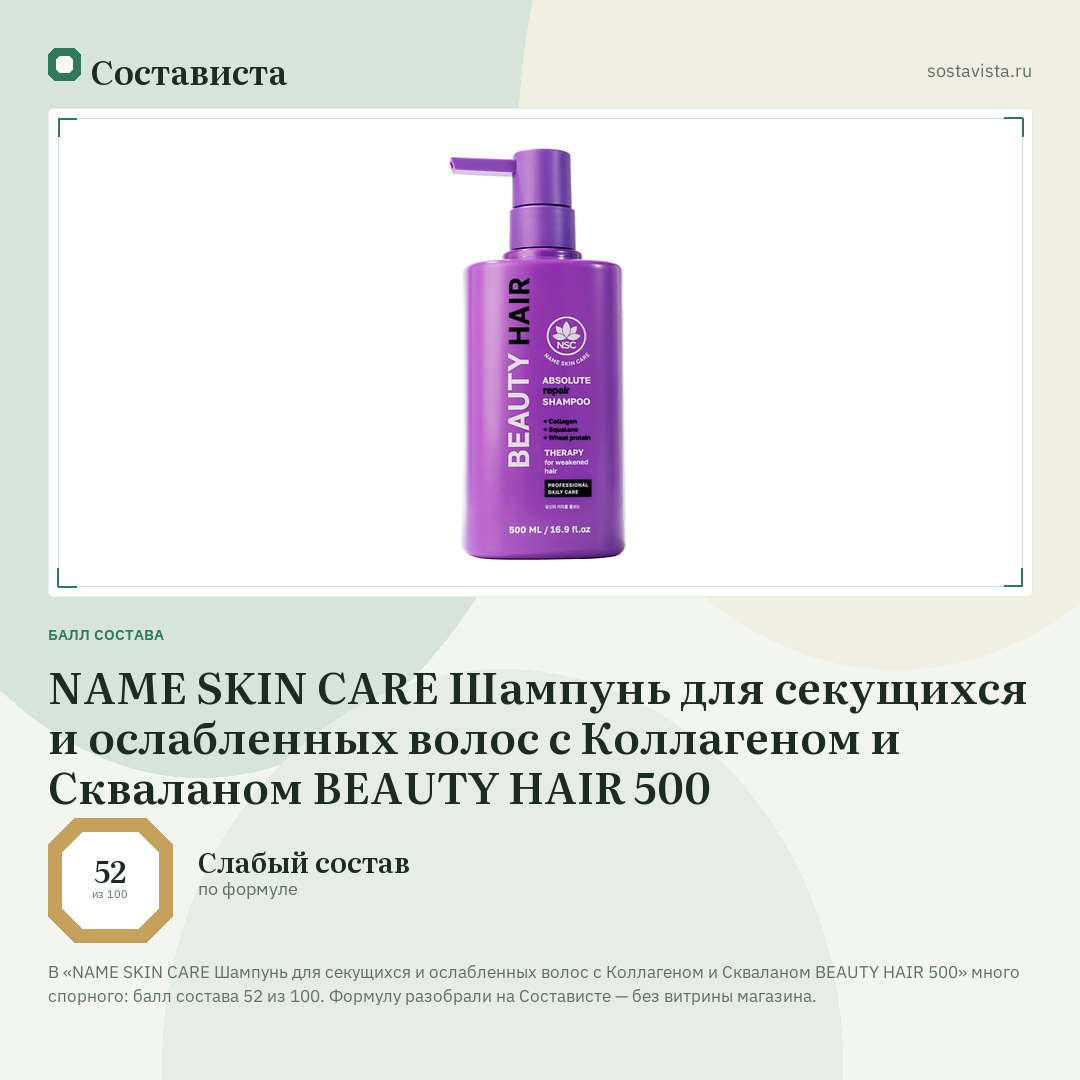 NAME SKIN CARE Шампунь для секущихся и ослабленных волос с Коллагеном и Скваланом BEAUTY HAIR 500: балл состава 52 из 100 — Состависта