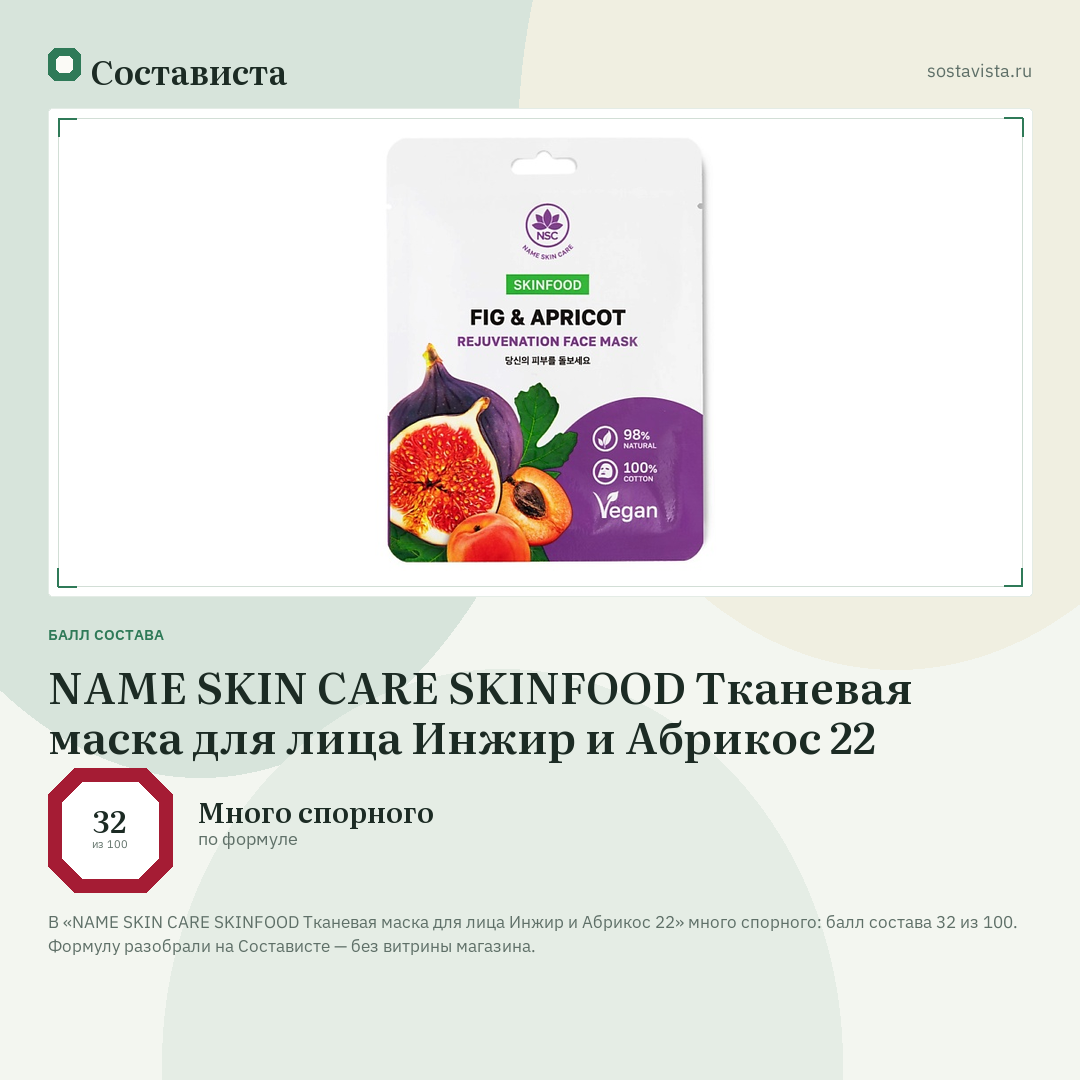 NAME SKIN CARE SKINFOOD Тканевая маска для лица Инжир и Абрикос 22: балл состава 32 из 100 — Состависта