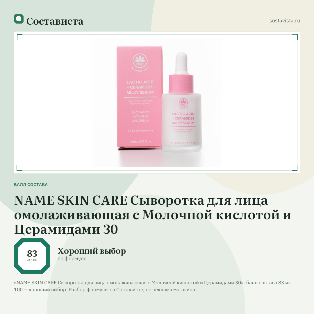NAME SKIN CARE Сыворотка для лица омолаживающая с Молочной кислотой и Церамидами 30: балл состава 83 из 100 — Состависта