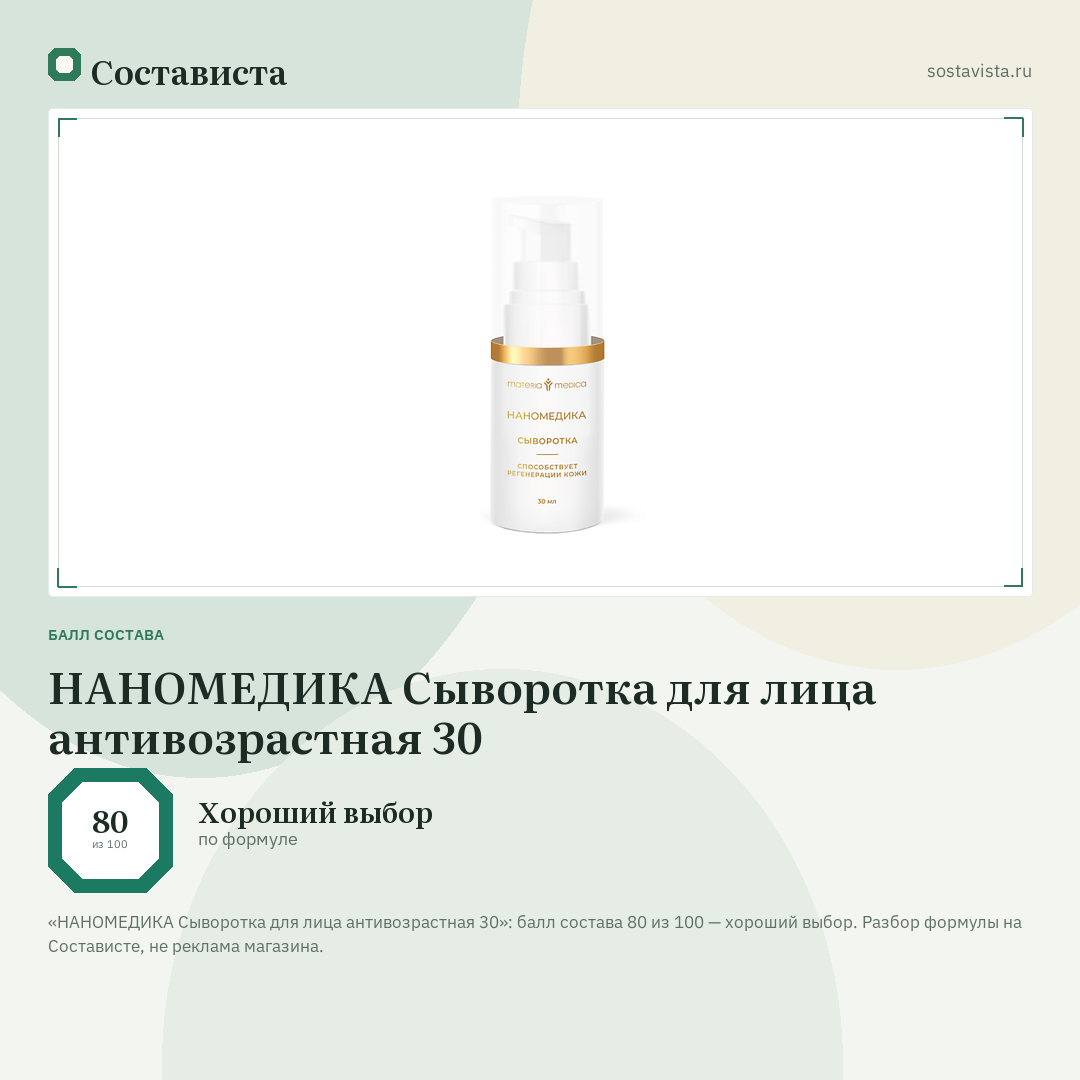 НАНОМЕДИКА Сыворотка для лица антивозрастная 30: балл состава 80 из 100 — Состависта