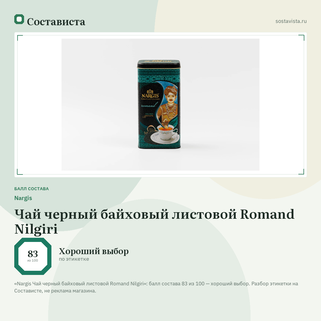 Nargis Чай черный байховый листовой Romand Nilgiri: балл состава 83 из 100 — Состависта
