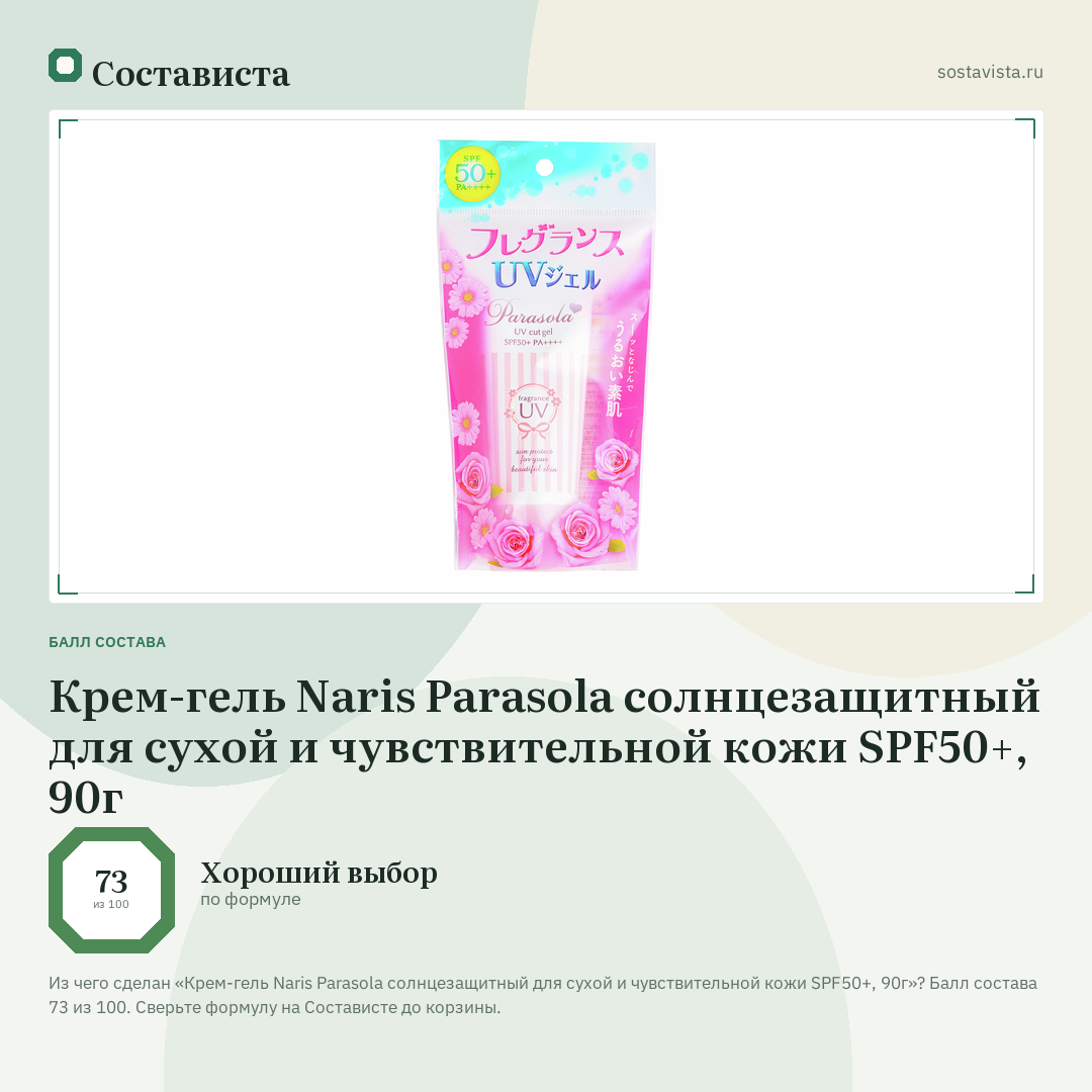 Крем-гель Naris Parasola солнцезащитный для сухой и чувствительной кожи SPF50+, 90г: балл состава 73 из 100 — Состависта