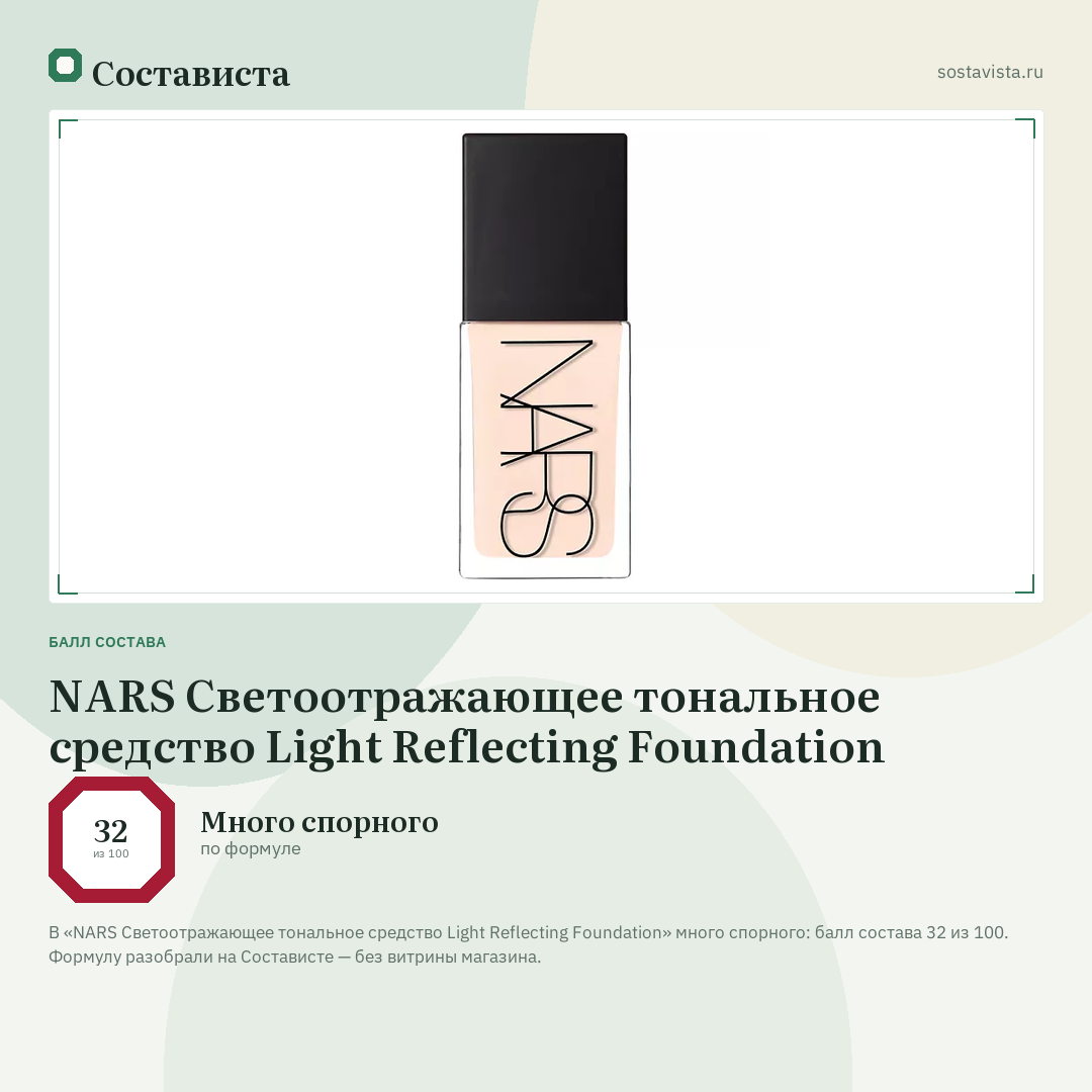 NARS Светоотражающее тональное средство Light Reflecting Foundation: балл состава 32 из 100 — Состависта