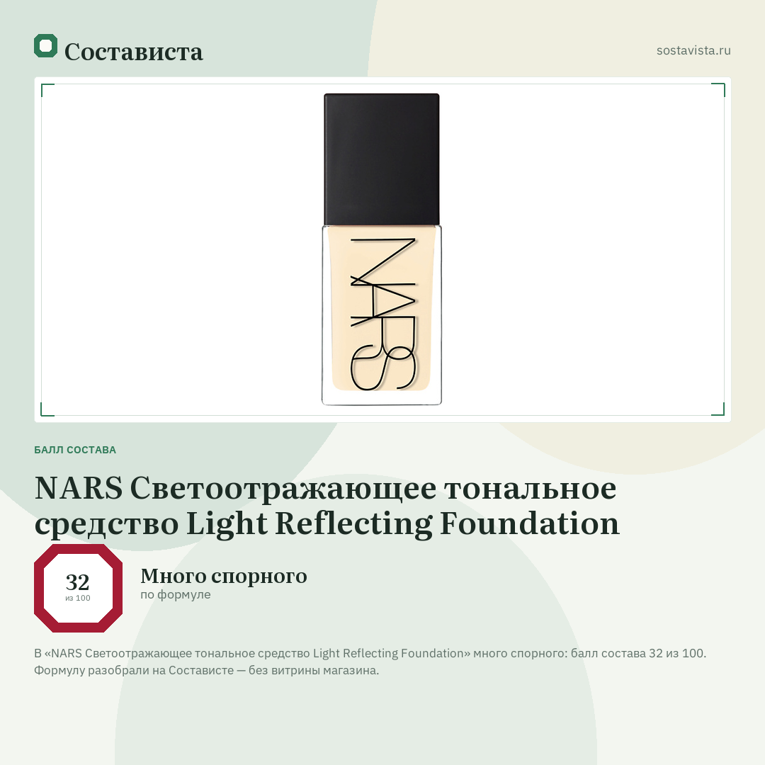 NARS Светоотражающее тональное средство Light Reflecting Foundation: балл состава 32 из 100 — Состависта