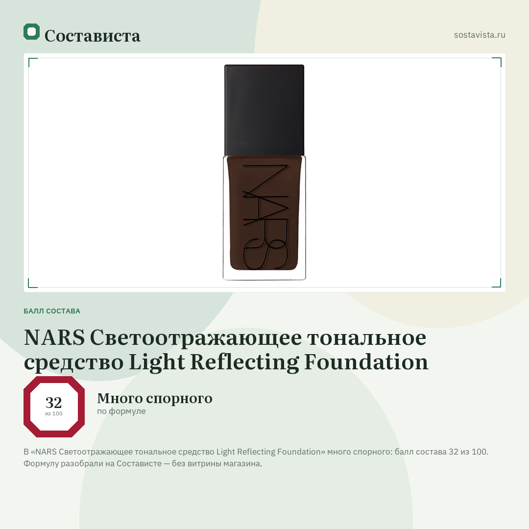 NARS Светоотражающее тональное средство Light Reflecting Foundation: балл состава 32 из 100 — Состависта