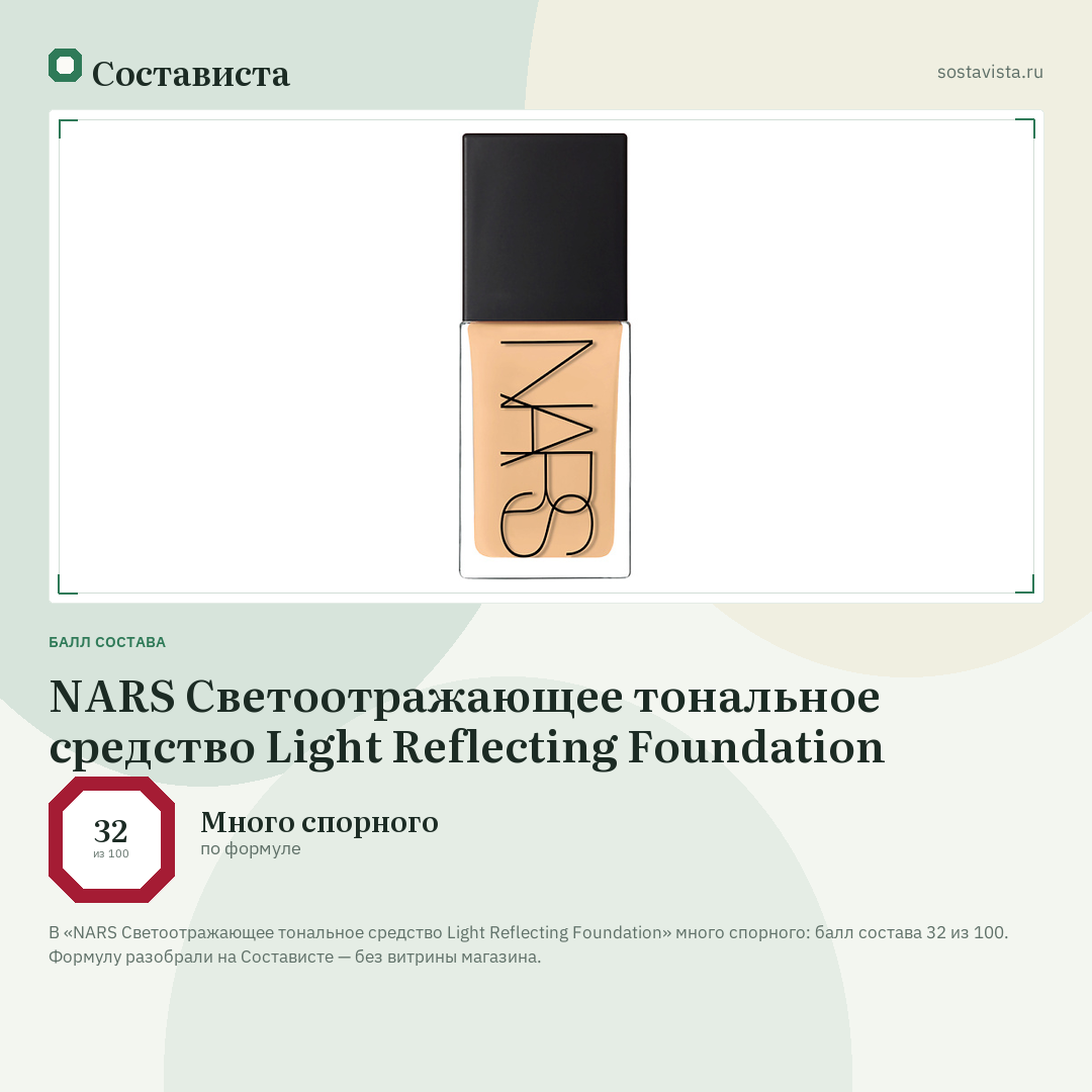 NARS Светоотражающее тональное средство Light Reflecting Foundation: балл состава 32 из 100 — Состависта