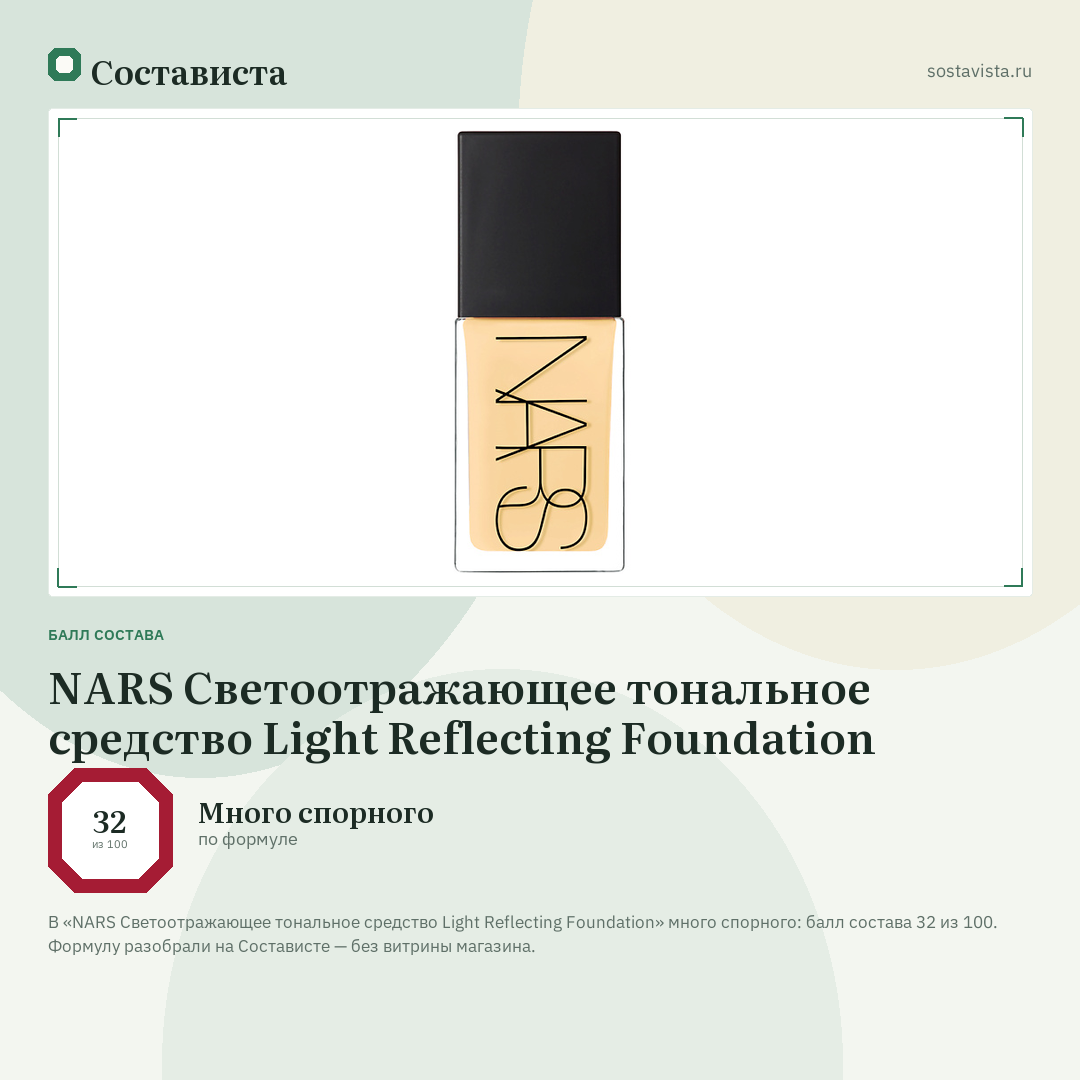 NARS Светоотражающее тональное средство Light Reflecting Foundation: балл состава 32 из 100 — Состависта