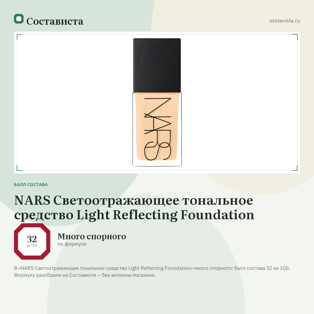 NARS Светоотражающее тональное средство Light Reflecting Foundation: балл состава 32 из 100 — Состависта