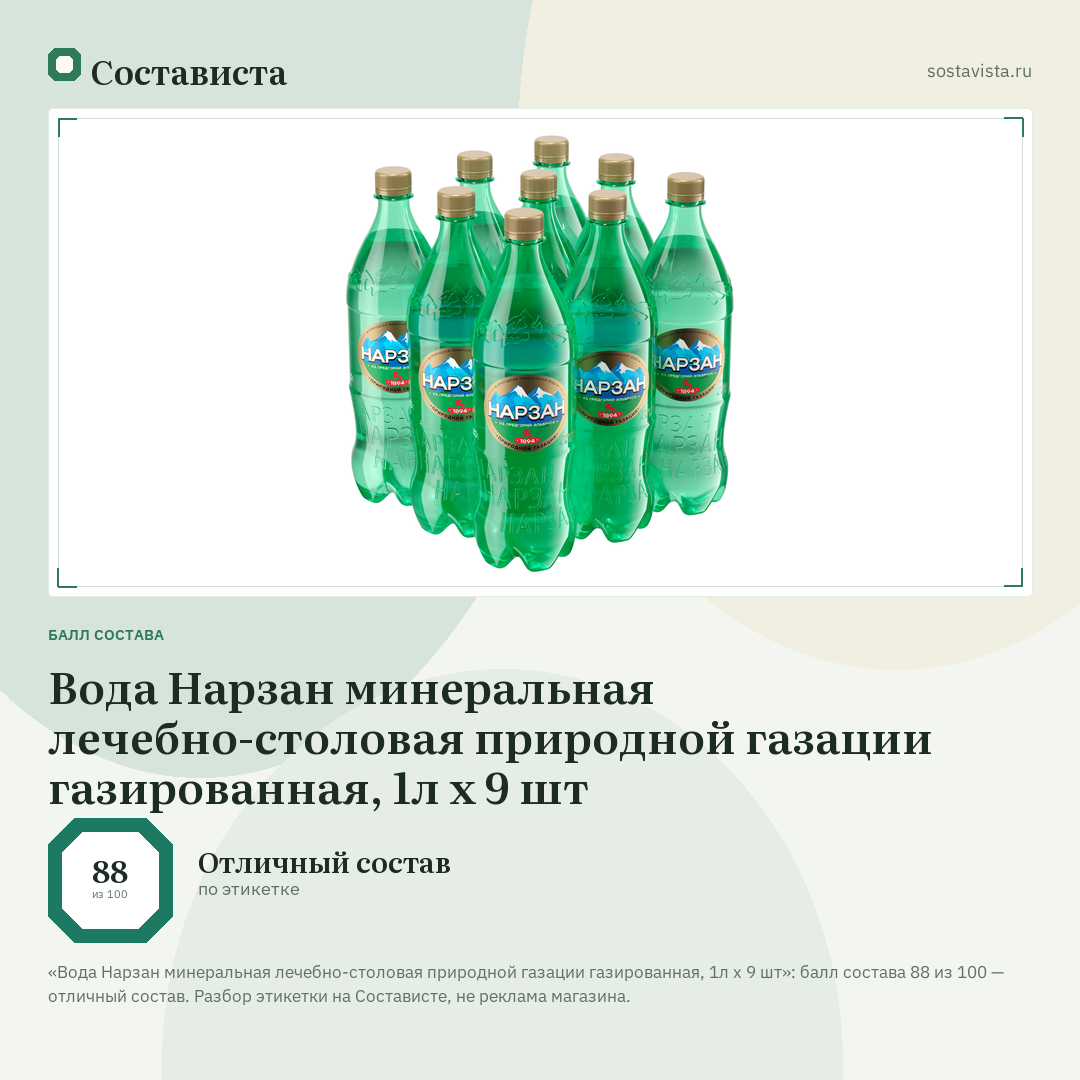 Вода Нарзан минеральная лечебно-столовая природной газации газированная, 1л x 9 шт: балл состава 88 из 100 — Состависта