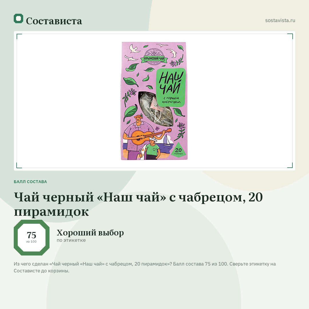 Чай черный «Наш чай» с чабрецом, 20 пирамидок: балл состава 75 из 100 — Состависта
