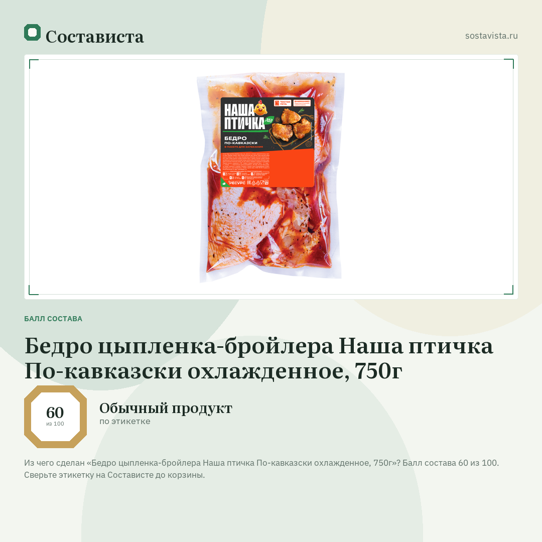 Бедро цыпленка-бройлера Наша птичка По-кавказски охлажденное, 750г: балл состава 60 из 100 — Состависта
